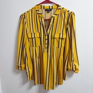 Cocomo Petite Yellow Striped Button-Up Blouse Stretchy 3/4 Roll Tab Sleeves PS
